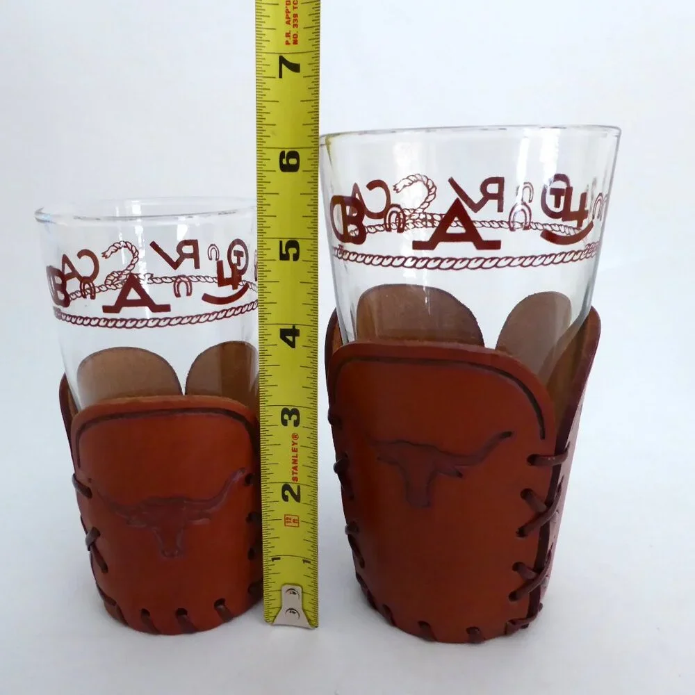 1950’s VINTAGE WESTERN THEMED COWBOY LONGHORN BRAND GLASS SET & WOOD COASTERS - Picture 4 of 16
